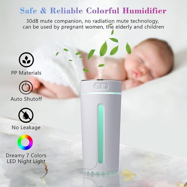 Air Humidifier with 7 Colors LED Night Light – USB Powered, 250ml Mini Ultrasonic Humidifier with Auto Shut-Off, Silent Operation & 2 Spray Modes for Car, Bedroom, Office - Image 7