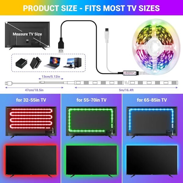 USB Powered Color Changing LED Strip Lights – Dimmable 5m Backlighting with 16 Colors, 4 Dynamic Modes & 24-Key IR Remote for HDTVs & Monitors - Image 3